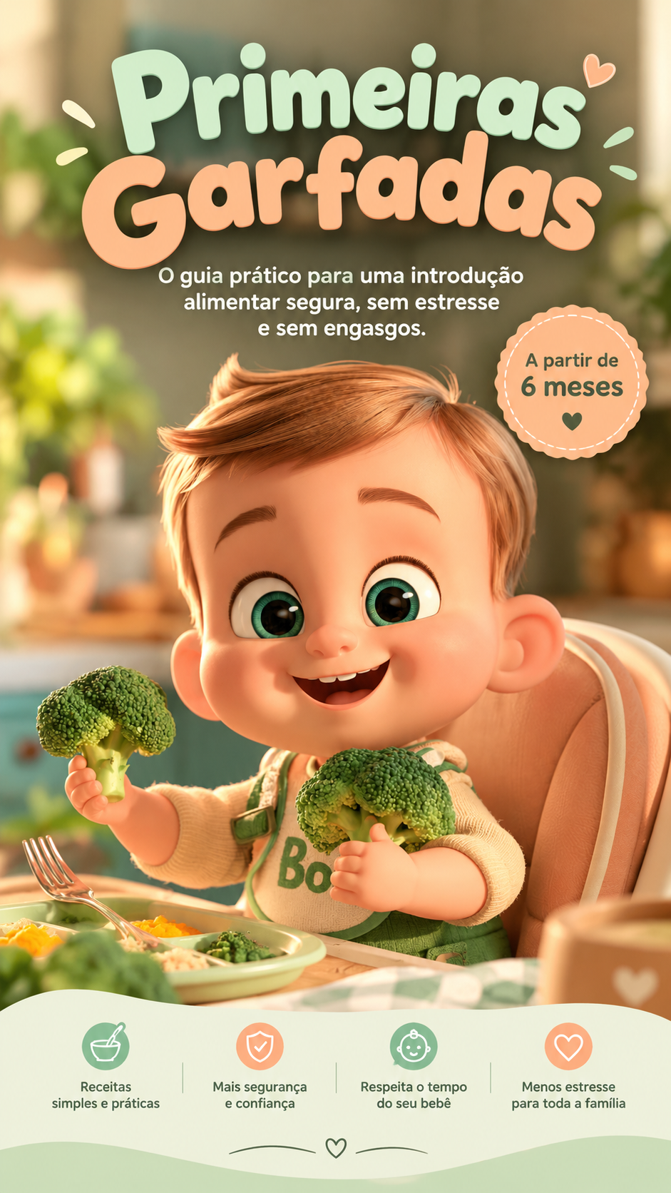 Capa do e-book Primeiras Garfadas, com um bebê sorrindo segurando brócolis